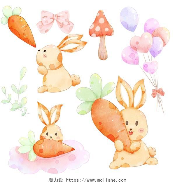 橙色兔子胡萝卜水彩卡通可爱风格PSD素材
